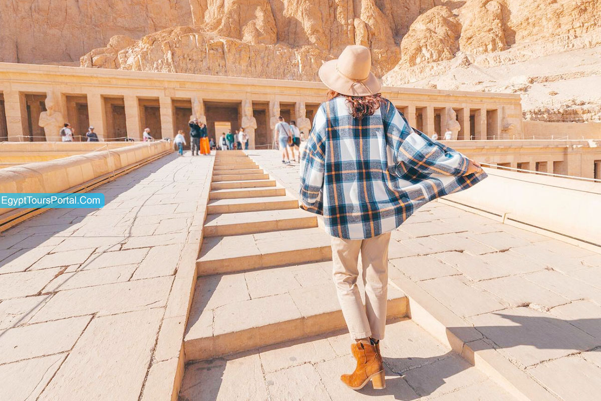 Solo Woman Traveler at Hatshepsut Temple - Egypt Tours Portal